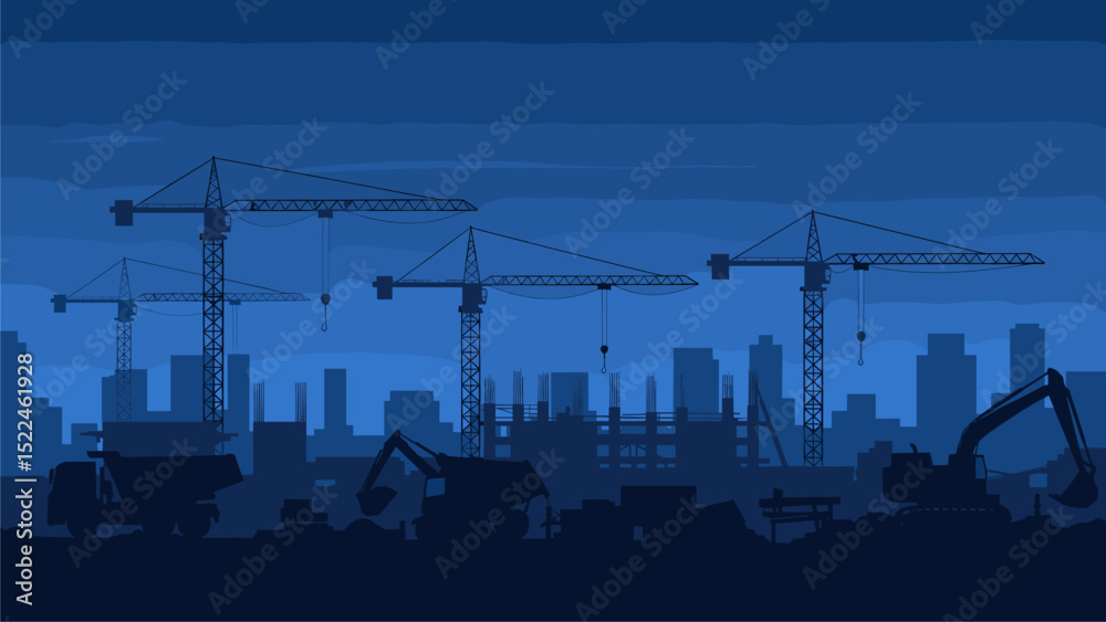 Night Construction Silhouette: Urban Development and Industrial Growth