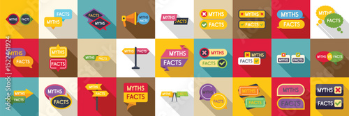 Myths facts icons set. Vibrant icons illustrating myths versus facts in a grid layout