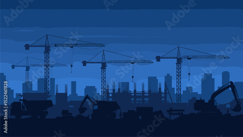 Night Construction Silhouette: Urban Development and Industrial Growth