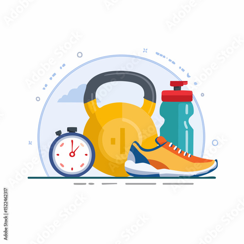 Fitness Essentials Kettlebell, Stopwatch, Water Bottle, and Running Shoes for Effective Workout