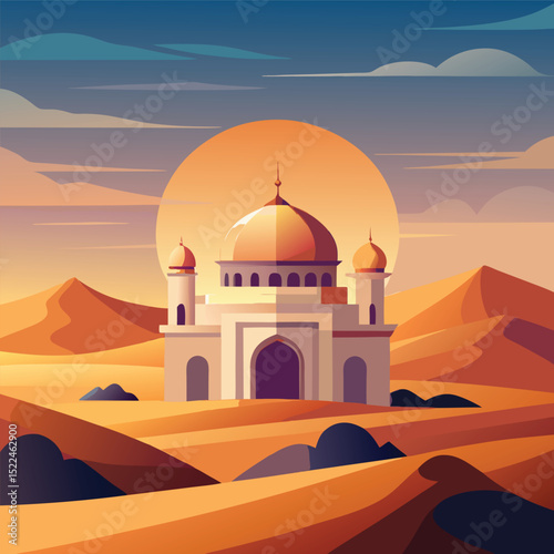 A stylized digital illustration of a desert landscape featuring a majestic white palace with golden domes and minarets