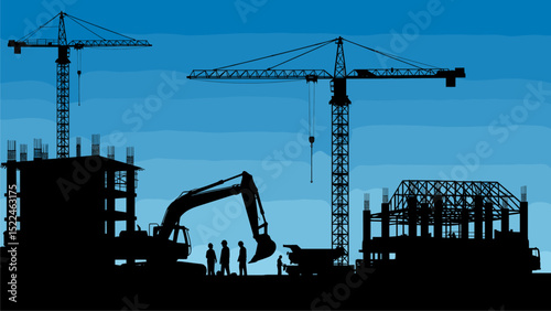 Construction Silhouette at Dusk: Cranes, Excavator, and Buildings Under Construction