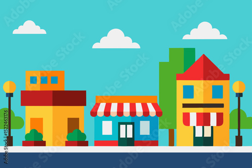 Vibrant Cityscape Colorful Buildings and Shops Illustration