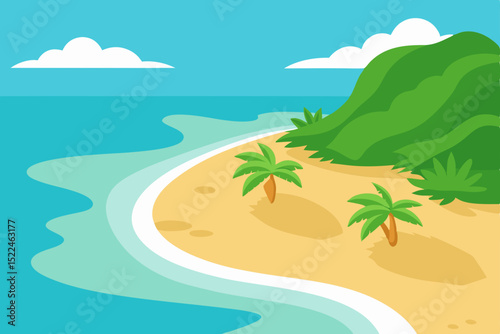 Serene Tropical Beach Scene Palm Trees, Ocean, and Sandy Shores
