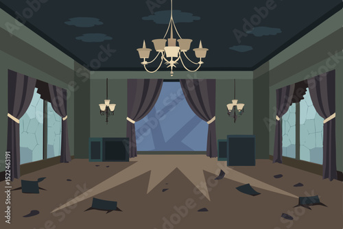 Desolate Mansion Interior A Dark and Damaged Room Illustration