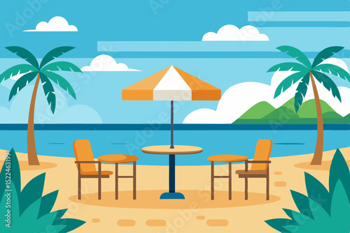 Tropical Beach Paradise Relaxing Summer Scene with Ocean View and Palm Trees