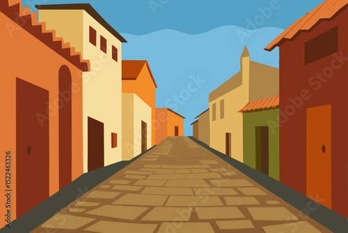 Charming Cobblestone Street A Picturesque Mediterranean Village Illustration
