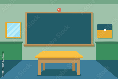 Classroom Learning Environment Blackboard, Desk, and Educational Supplies
