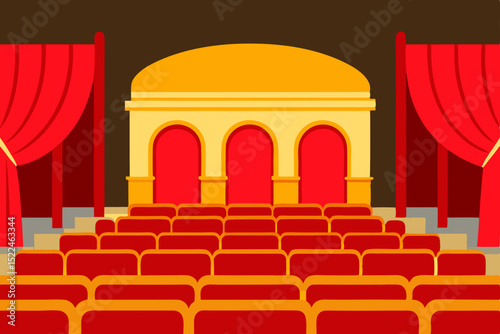 Grand Theater Stage Red Curtains, Golden Arches, and Rows of Seats Awaiting the Performance