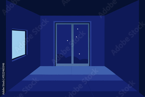 empty room with door and windows at night