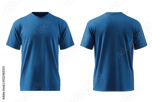 Front and back view of a plain, deep blue t-shirt