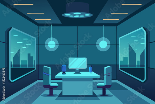  futuristic office interior with holographic