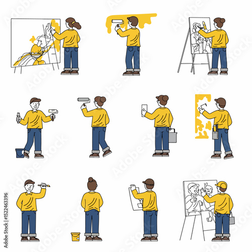 People painting wall or canvas with roller