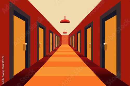long empty hotel corridor with many doors