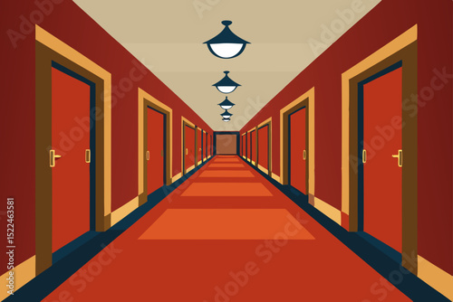 Long Hotel Corridor with Red Carpet and Doors A Classic Interior Design