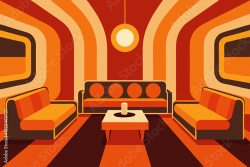 retro 70s living room with bold patterns and sunke