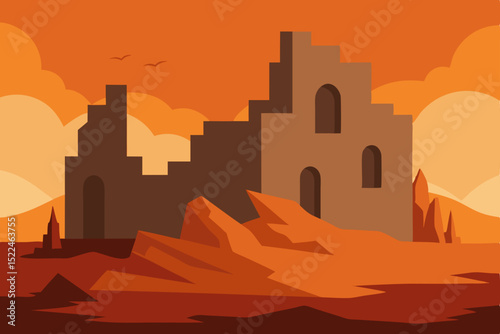Sunset Ruins A Desolate Landscape Illustration of Ancient Stone Castle Remnants