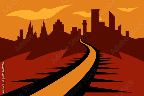 Sunset Cityscape A Journey on the Winding Road to Urban Dreams