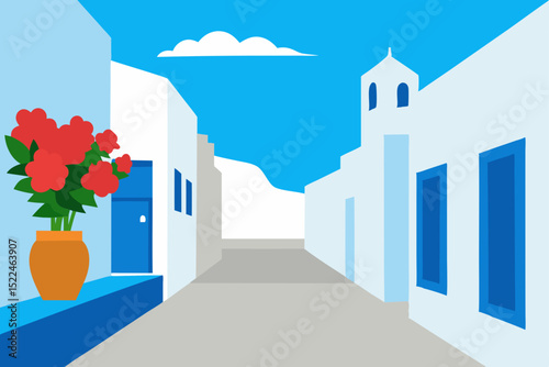 view of white street and flowers in bodrum city
