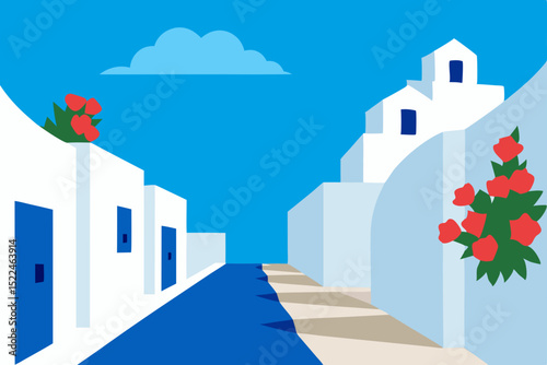 view of white street and flowers in bodrum city