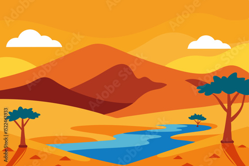 Nature landscape vector illustration with trees, mountains, and a vibrant sky at sunrise or sunset