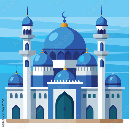 A stylized illustration of a mosque featuring multiple blue domes and two tall minarets
