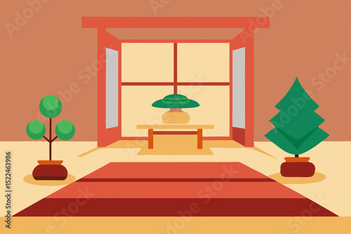 zen meditation room with tatami mats and bonsai