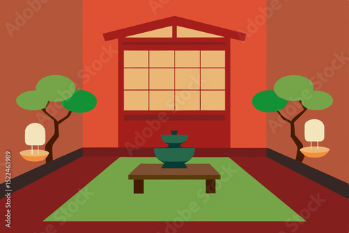 zen meditation room with tatami mats and bonsai