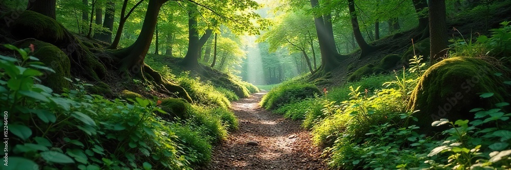 Obraz premium Serene forest trail bathed in dappled sunlight, winding through lush green foliage and mossy rocks Perfect for travel, adventure, and nature themes , serene, forest