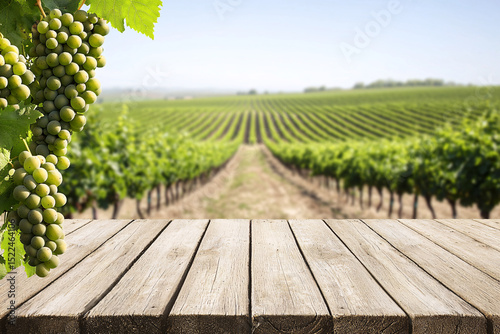 Wooden table with ripe green grapes hanging against vineyard rows in the background, sunny day.