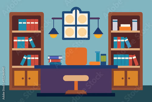 Vector illustration of home and office interior design with bookshelf, desk, and chair