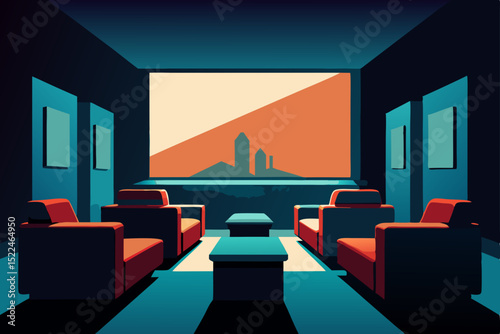 Modern interior design of an empty hotel room with a TV and comfortable seating, resembling a private cinema or a small conference hall
