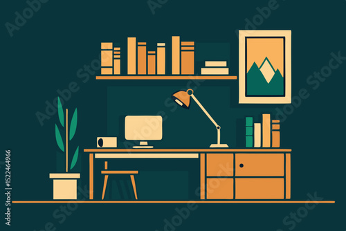 line art of home study with desk and bookcases 