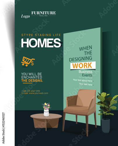 Vintage design concept for a restaurant or cafe interior featuring a green room with tables and chairs, perfect for web and business use