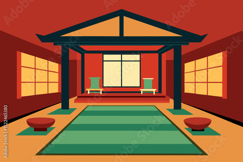 Modern interior of an empty red house with a green roof, featuring a red carpet and large windows, showcasing new architectural design