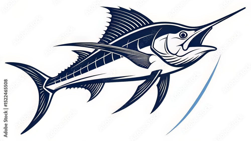 Fototapeta premium A refined line-art tuna in blue and white features detailed fins and classic marine aesthetics.