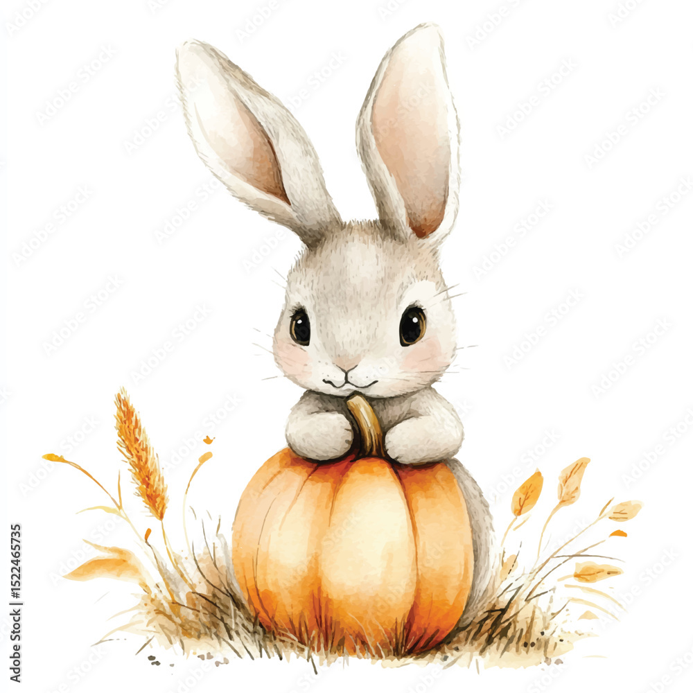 Obraz premium Cute Watercolor Bunny with Pumpkin – Autumn Animal Clipart