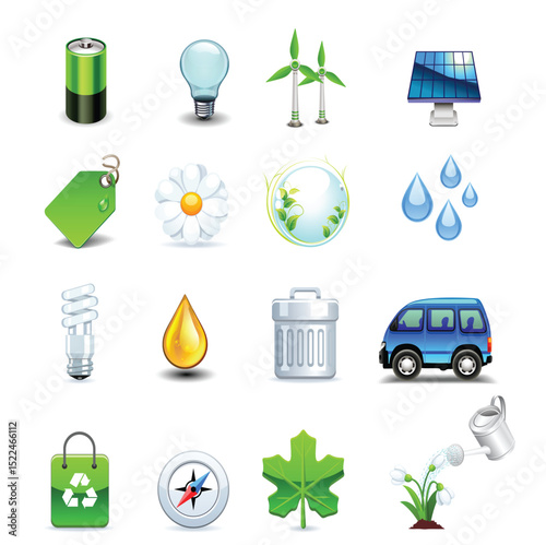 Eco-friendly vector icons set with green leaf, recycle, energy, and environmental symbols for nature and earth conservation