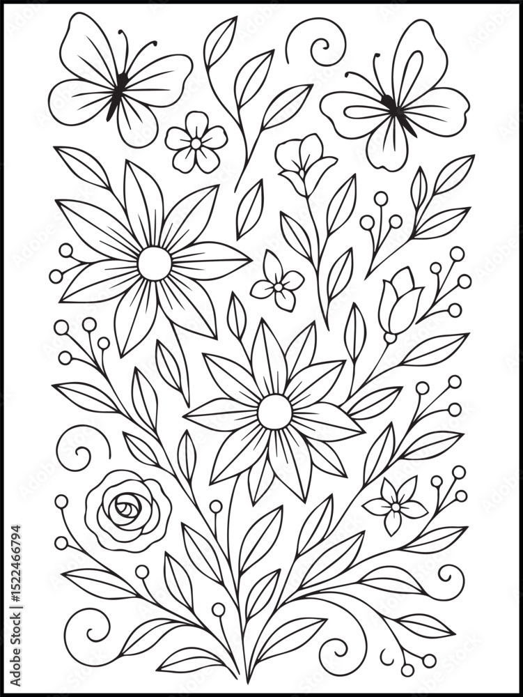 Fototapeta premium Butterfly and Flower Bouquet Coloring Page – Printable Line Art for Adults and Kids to Relax, Unwind, and Enjoy Creative Fun
