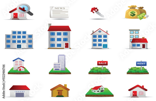 Real estate icon set with house, building, and city illustrations for property and residential design