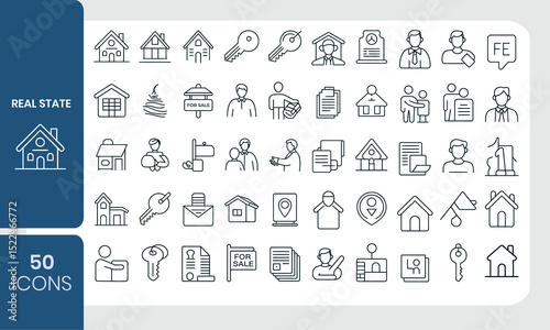 Set of fifty simple and stylish real estate icons for business and marketing use