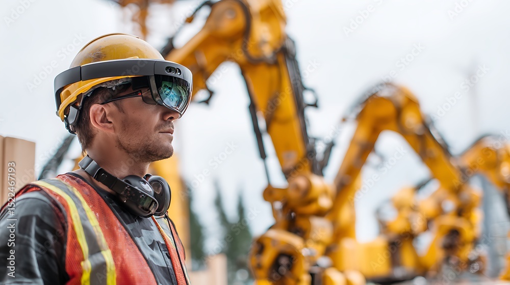 Fototapeta premium Construction worker using augmented reality technology on construction site