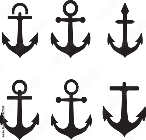 Black Anchor Silhouettes Vector Set – Nautical Marine Icons Pack