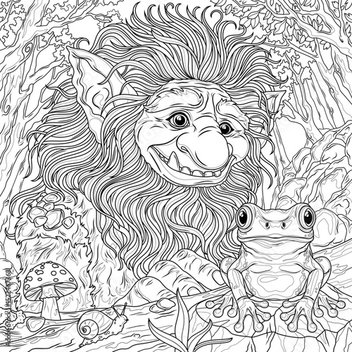 A cute goblin and a frog.Fantasy character.Coloring book antistress for children and adults.