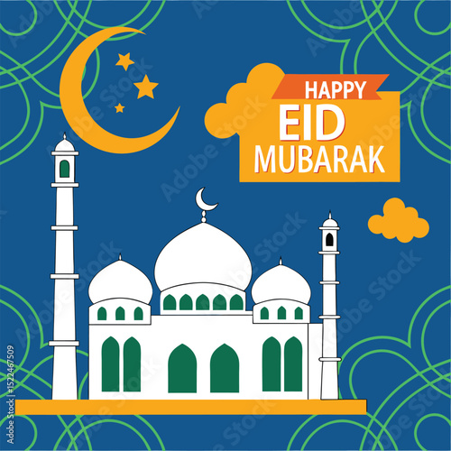 Vibrant Eid Mubarak Design Featuring White Mosque Silhouette, Crescent Moon, and Colorful Banner on Rich Blue Background