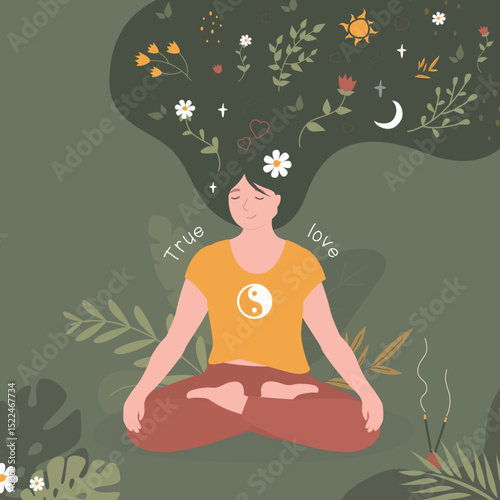 Female character doing yoga. Woman doing lotus asana pose and meditating. Floral elements, flowers and leaves in hairs, calm and free mind.