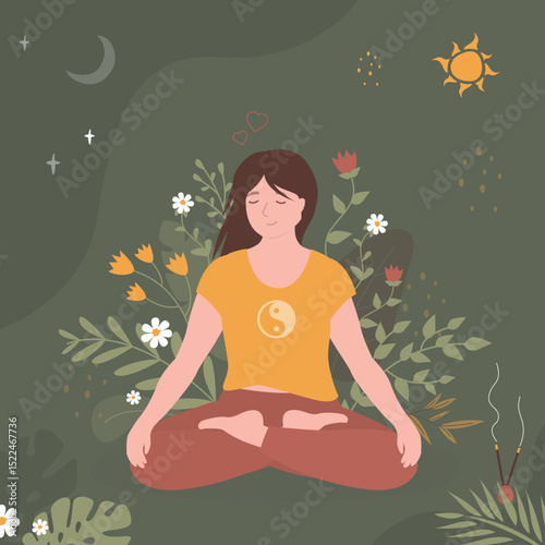 Cute female character doing yoga. Calm woman doing lotus asana pose and meditating. Floral elements, flowers and leaves on background.