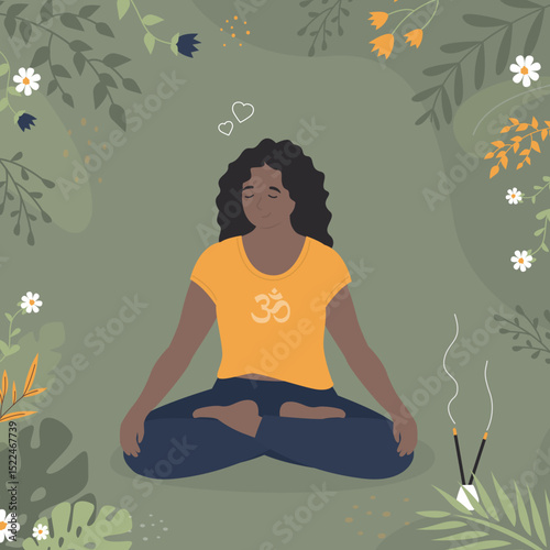 Cute female character doing yoga. Calm woman doing lotus asana pose and meditating. Floral elements, flowers and leaves on background.