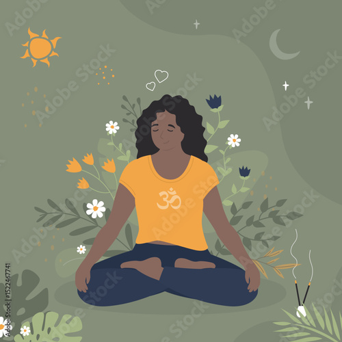 African american female character doing yoga. Woman doing lotus asana pose and meditating. Floral elements, flowers and leaves on background.