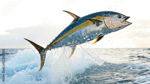 A hyper-realistic illustration of a yellowfin tuna leaping from the ocean, its metallic blue and golden hues glistening in the sunlight, with water splashing in dynamic arcs behind it.